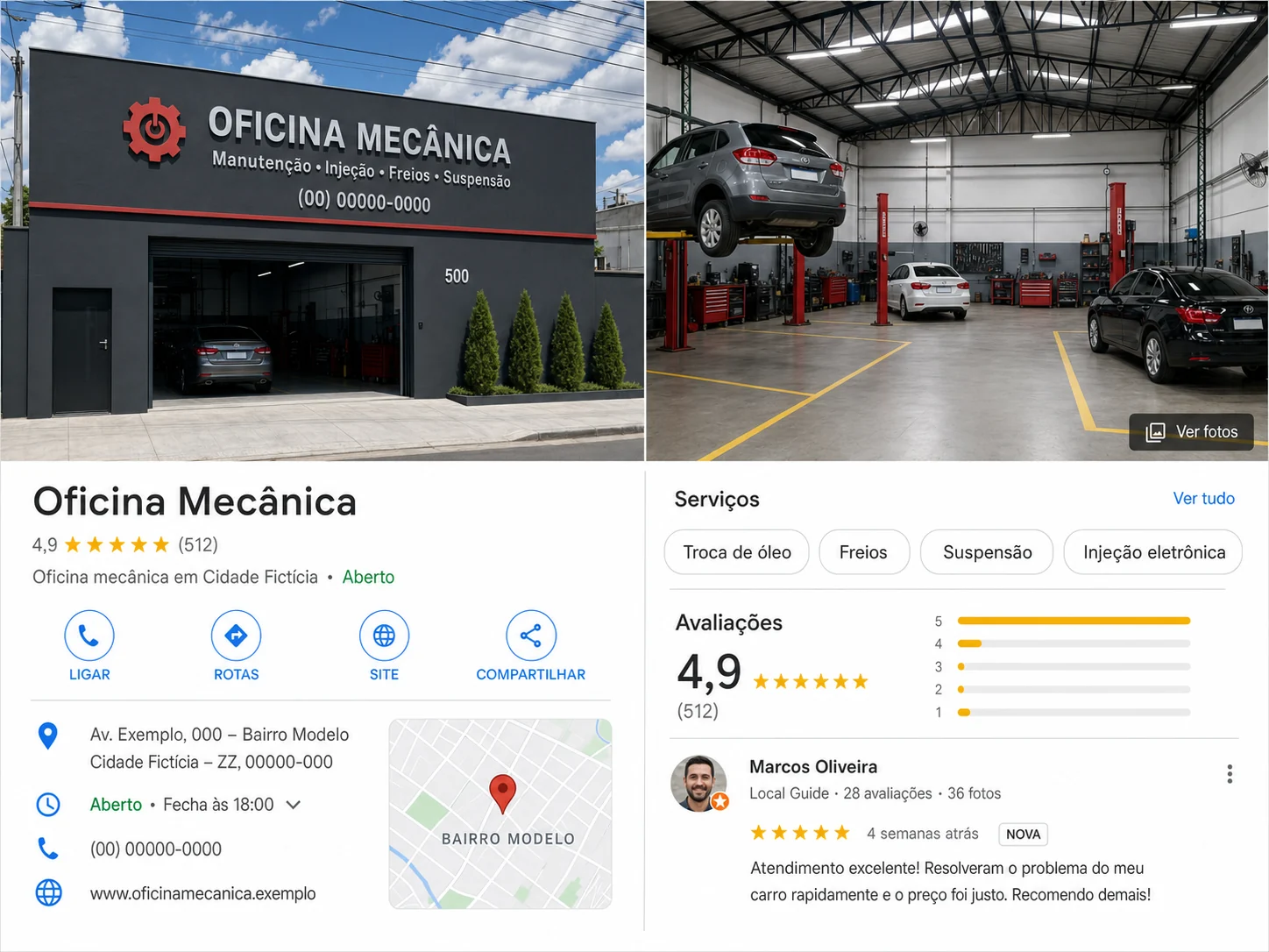Exemplo demonstrativo de um Perfil Google de oficina, com fotos da fachada, serviços e avaliações