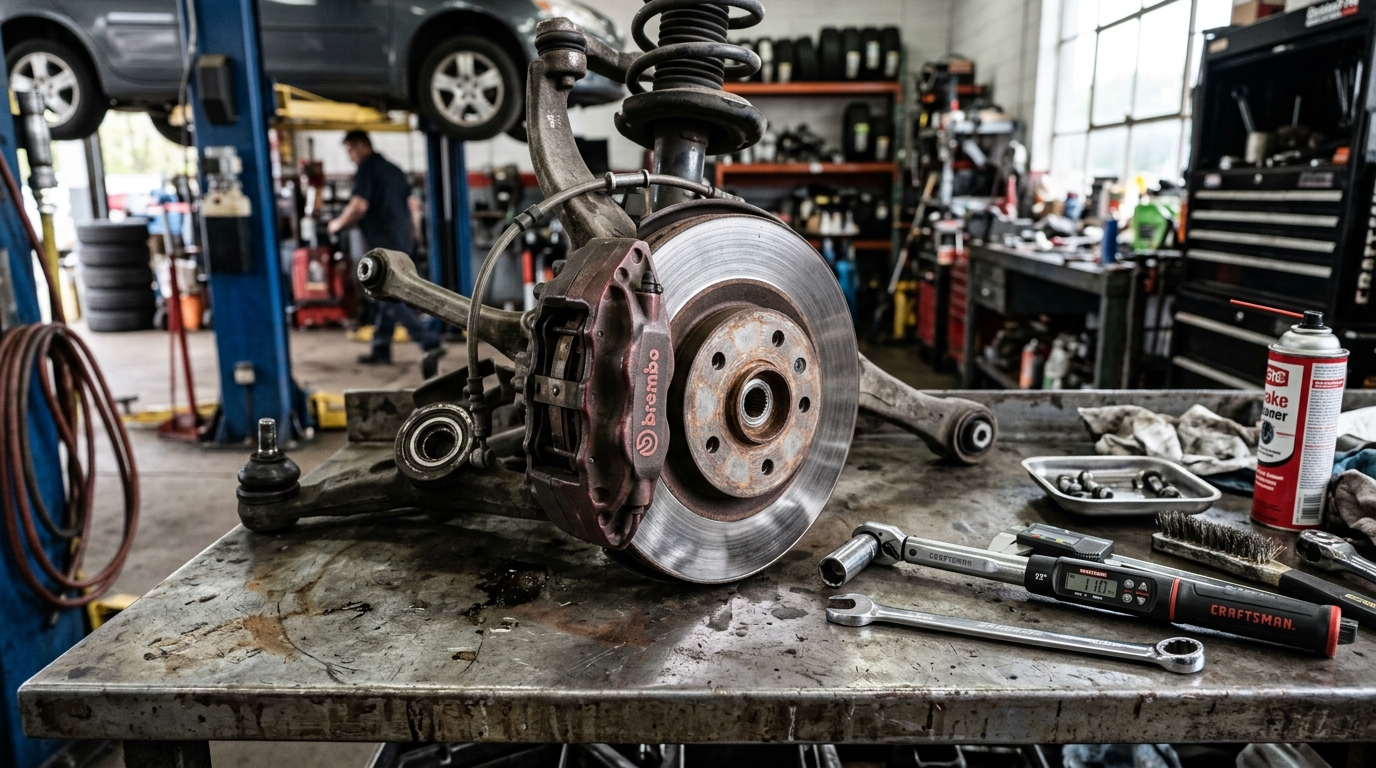 Bancada de trabalho organizada de mecânico com ferramentas de precisão e peças automotivas